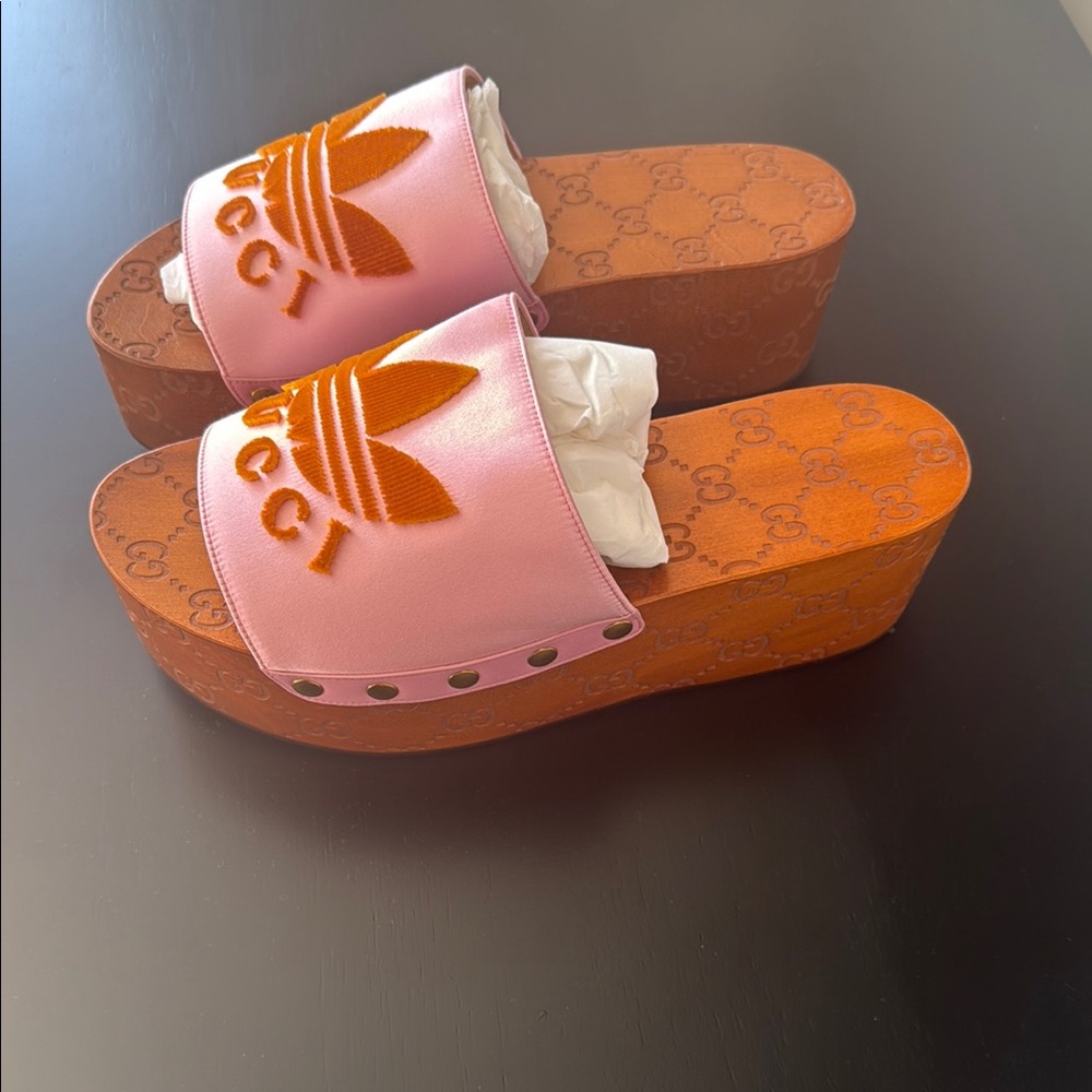 Gucci Pink and Orange Wedge Sandals - Picture 2 of 8